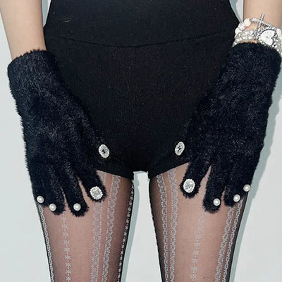 Angora style jewel pearl gloves