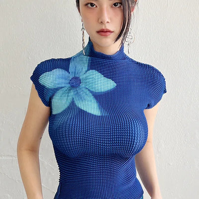 Oriental blue flower blouse short-sleeved T-shirt