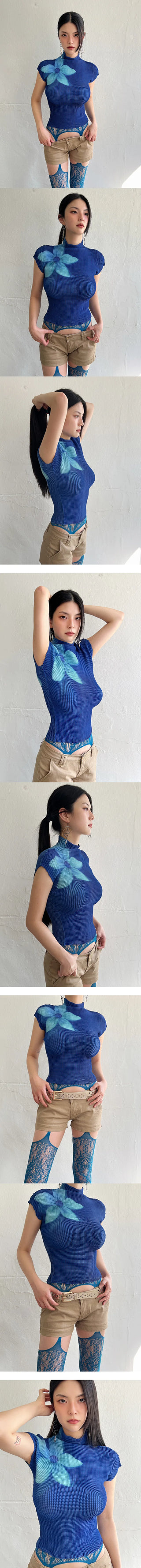 Oriental blue flower blouse short-sleeved T-shirt