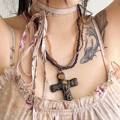 Bohemian Core Cross Bold Bead Necklace
