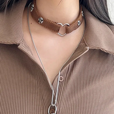 Brown suede choker + long necklace set