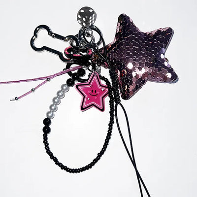 Pink spangle black bead keychain