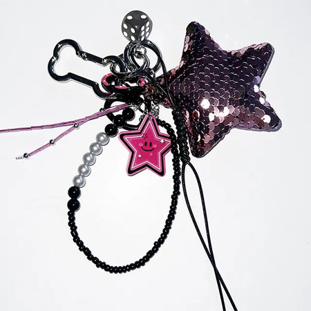 Pink spangle black bead keychain