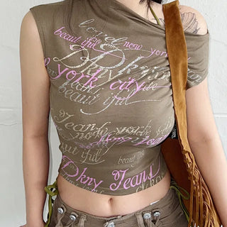 Lettering khaki unbalanced nasi sleeveless