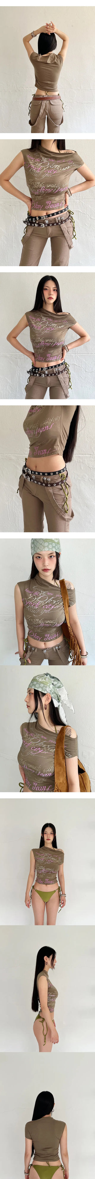 Lettering khaki unbalanced nasi sleeveless