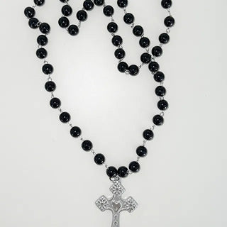 Double-layered black bead cross necklace