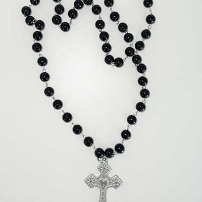 Double-layered black bead cross necklace