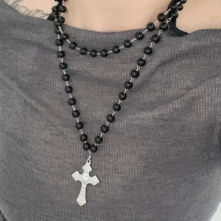 Double-layered black bead cross necklace