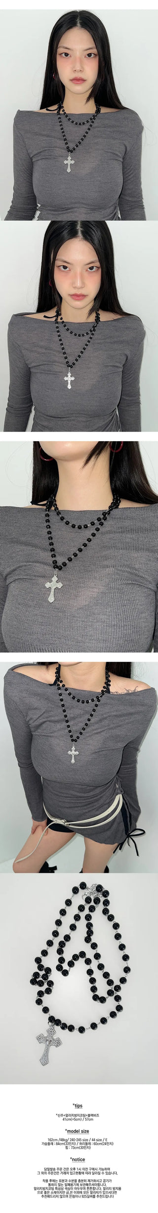 Double-layered black bead cross necklace