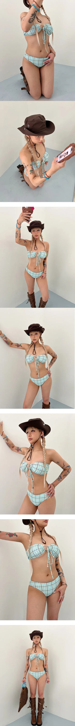 Lowell Check Tube Top Halter Neck Bikini Swimsuit