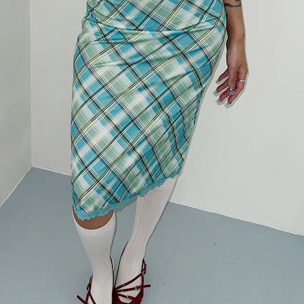 Mint green check midi skirt