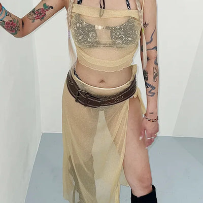 Champagne shower bikini cover two-piece top and bottom set, water balm bohemian look