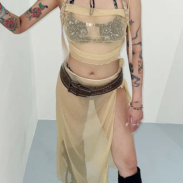 Champagne shower bikini cover two-piece top and bottom set, water balm bohemian look