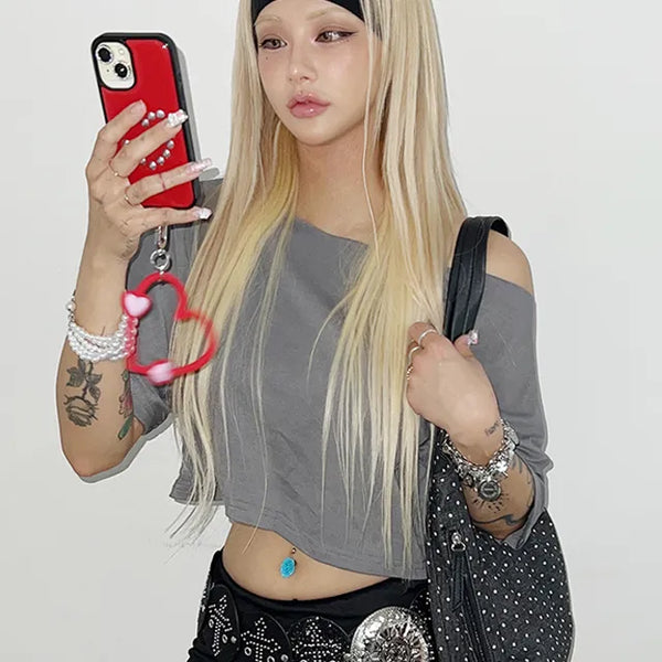 Wide unbalanced off-shoulder t-shirt, short-sleeved t-shirt, layered t-shirt