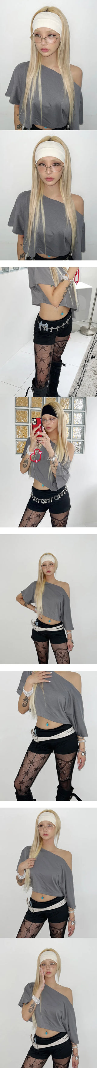 Wide unbalanced off-shoulder t-shirt, short-sleeved t-shirt, layered t-shirt