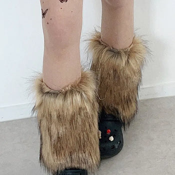 Brown shorts eco-fur leg warmers