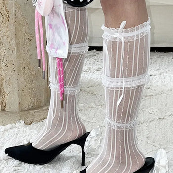 Twill lace ribbon knee socks