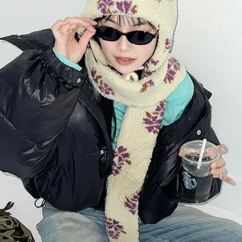 Anna Flower Poggle Hat Muffler Scarf  Fleece Hat Fleece Scarf Winter Hat
