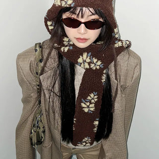 Anna Flower Poggle Hat Muffler Scarf  Fleece Hat Fleece Scarf Winter Hat