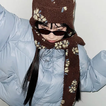 Anna Flower Poggle Muffler Hat Set  Fleece