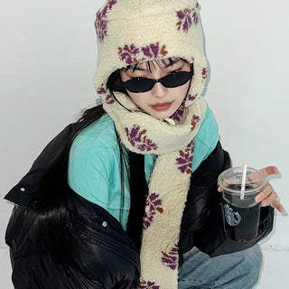 Anna Flower Poggle Muffler Hat Set  Fleece