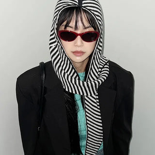 Striped hooded muffler, hooded balaclava, winter hat, hooded scarf