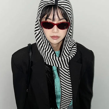 Striped hooded muffler, hooded balaclava, winter hat, hooded scarf