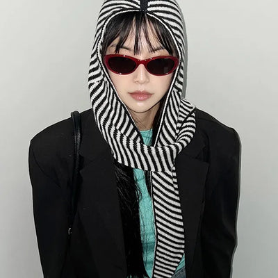 Striped hooded muffler, hooded balaclava, winter hat, hooded scarf