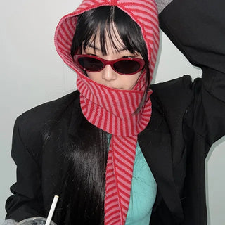 Striped hooded muffler, hooded balaclava, winter hat, hooded scarf