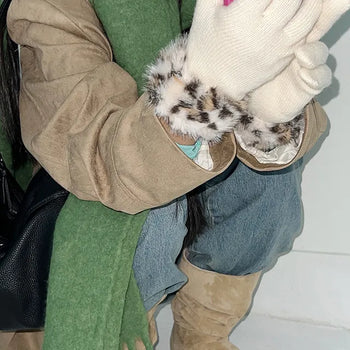 Leopard print gloves, touch-sensitive gloves, winter eco-fur gloves