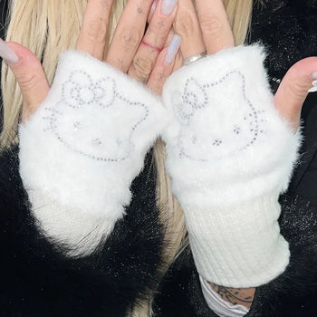 Cat Cubic Half Gloves  Winter Gloves Winter Angora Style