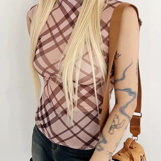 Brown check see-through sleeveless Christmas dress