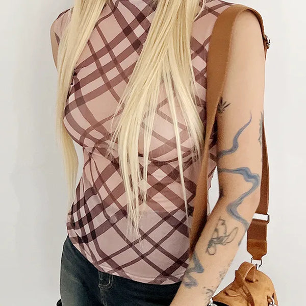 Brown check see-through sleeveless Christmas dress