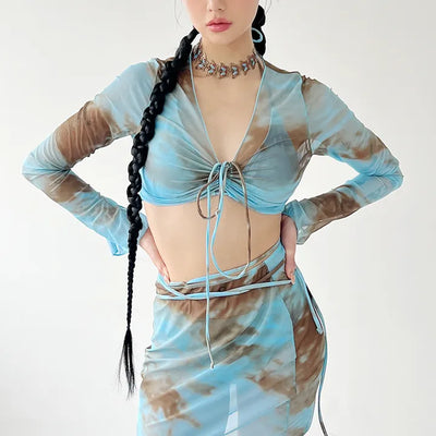Blue dyed bikini top and bottom set