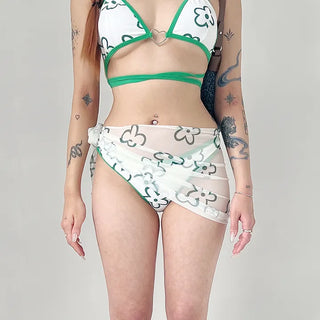 Green Flower Bikini Skirt Set