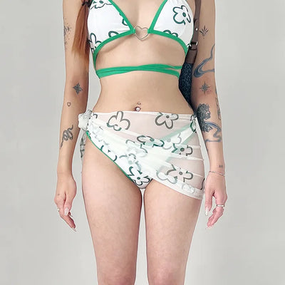 Green Flower Bikini Skirt Set