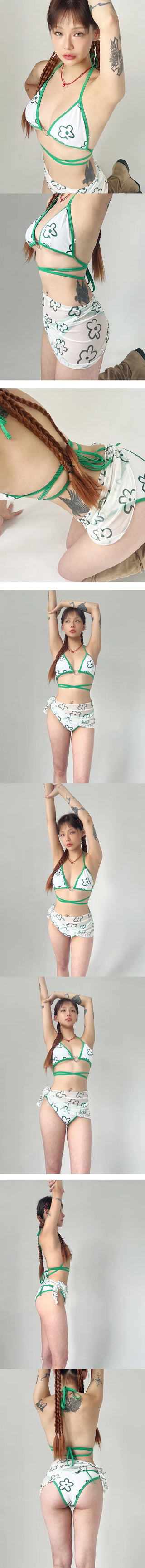 Green Flower Bikini Skirt Set