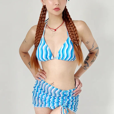 Wavy blue bikini skirt set