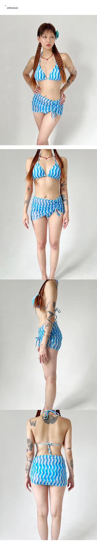 Wavy blue bikini skirt set