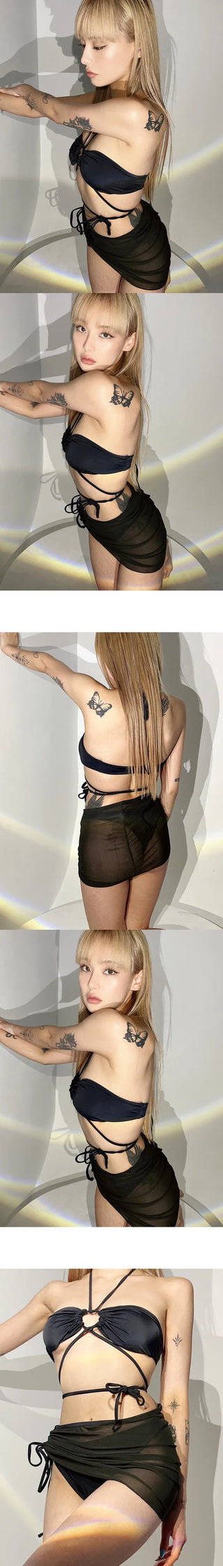 Strap skirt bikini set black