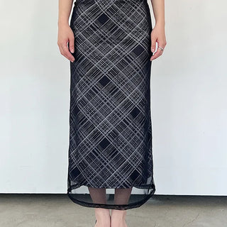 Layered check long skirt