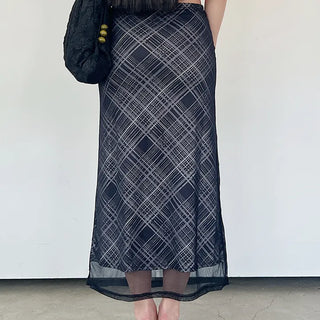 Layered check long skirt