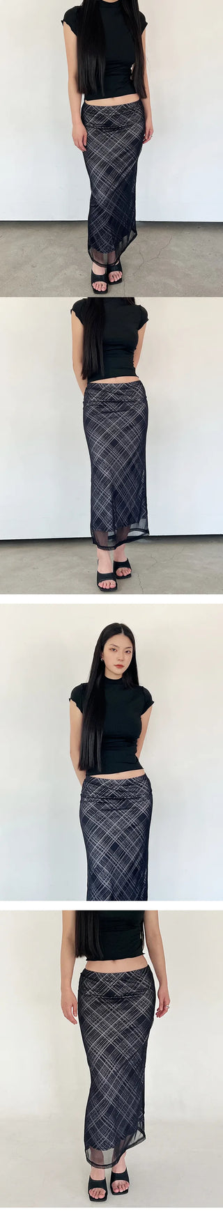 Layered check long skirt