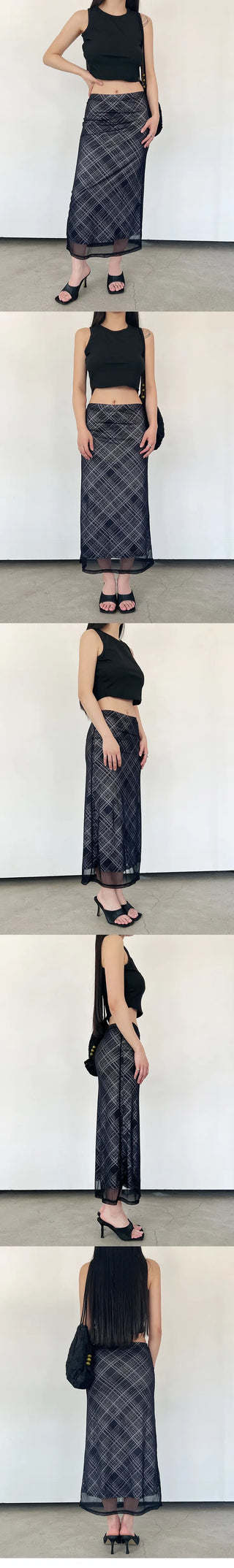 Layered check long skirt