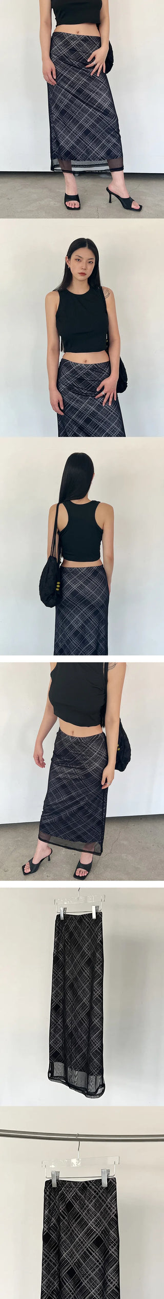 Layered check long skirt