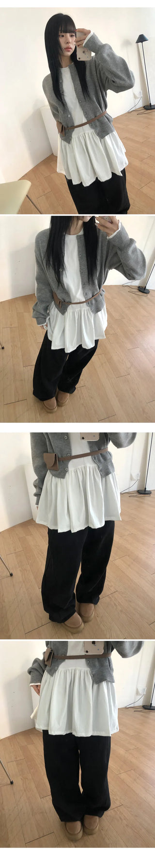 Cotton Shirred Long Sleeve Layered Dress Top