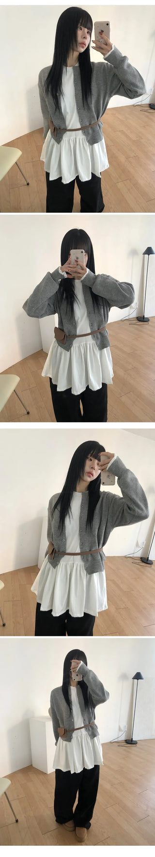 Cotton Shirred Long Sleeve Layered Dress Top