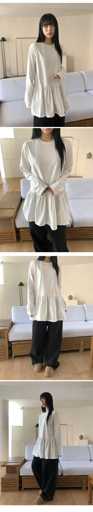 Cotton Shirred Long Sleeve Layered Dress Top