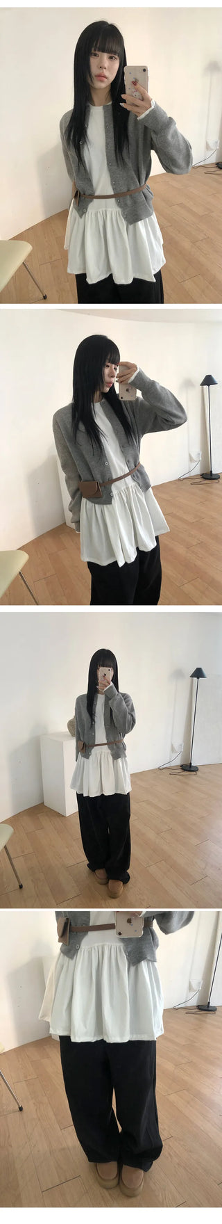 Cotton Shirred Long Sleeve Layered Dress Top