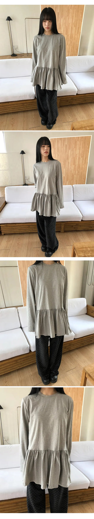 Cotton Shirred Long Sleeve Layered Dress Top